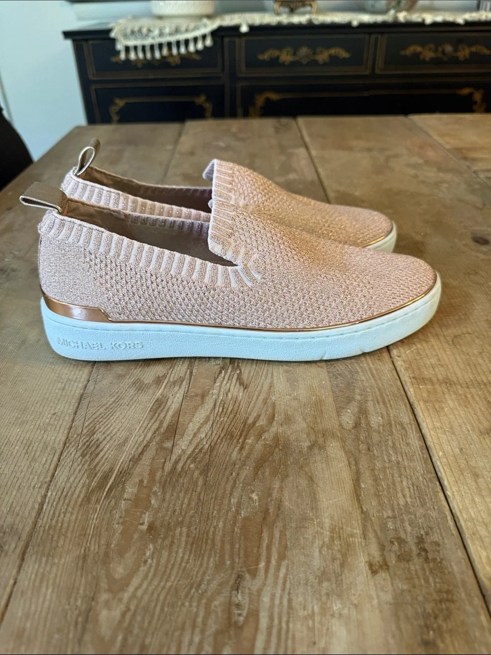 Michael Kors Blush Knit Slip-On Sneakers with Rose Gold Trim